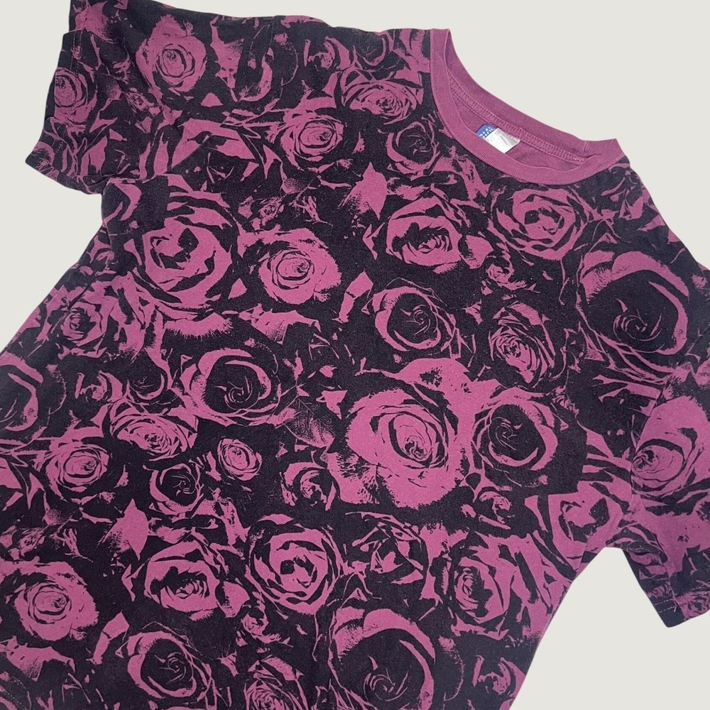 Divided Mens Purple Black Rose Floral All Over Print T-Shirt Large